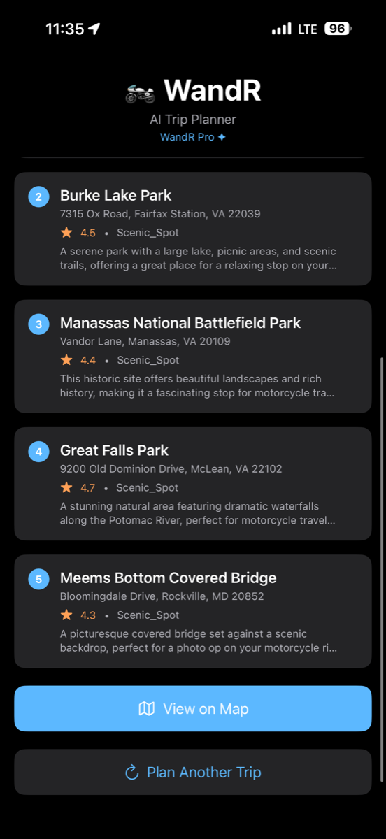 All 5 stops with ratings and descriptions