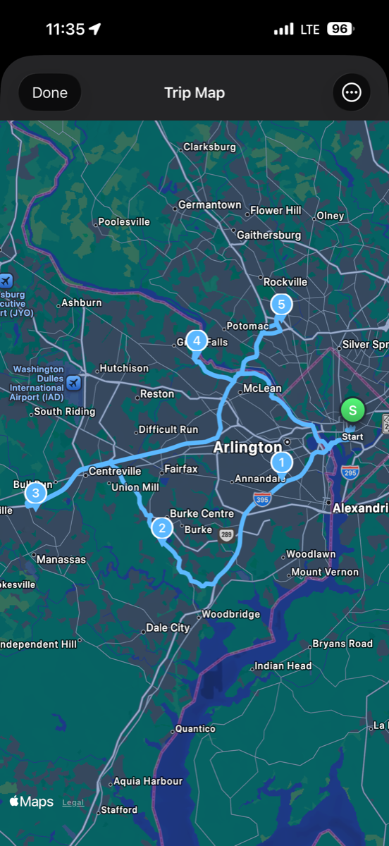 Full route map through Northern Virginia