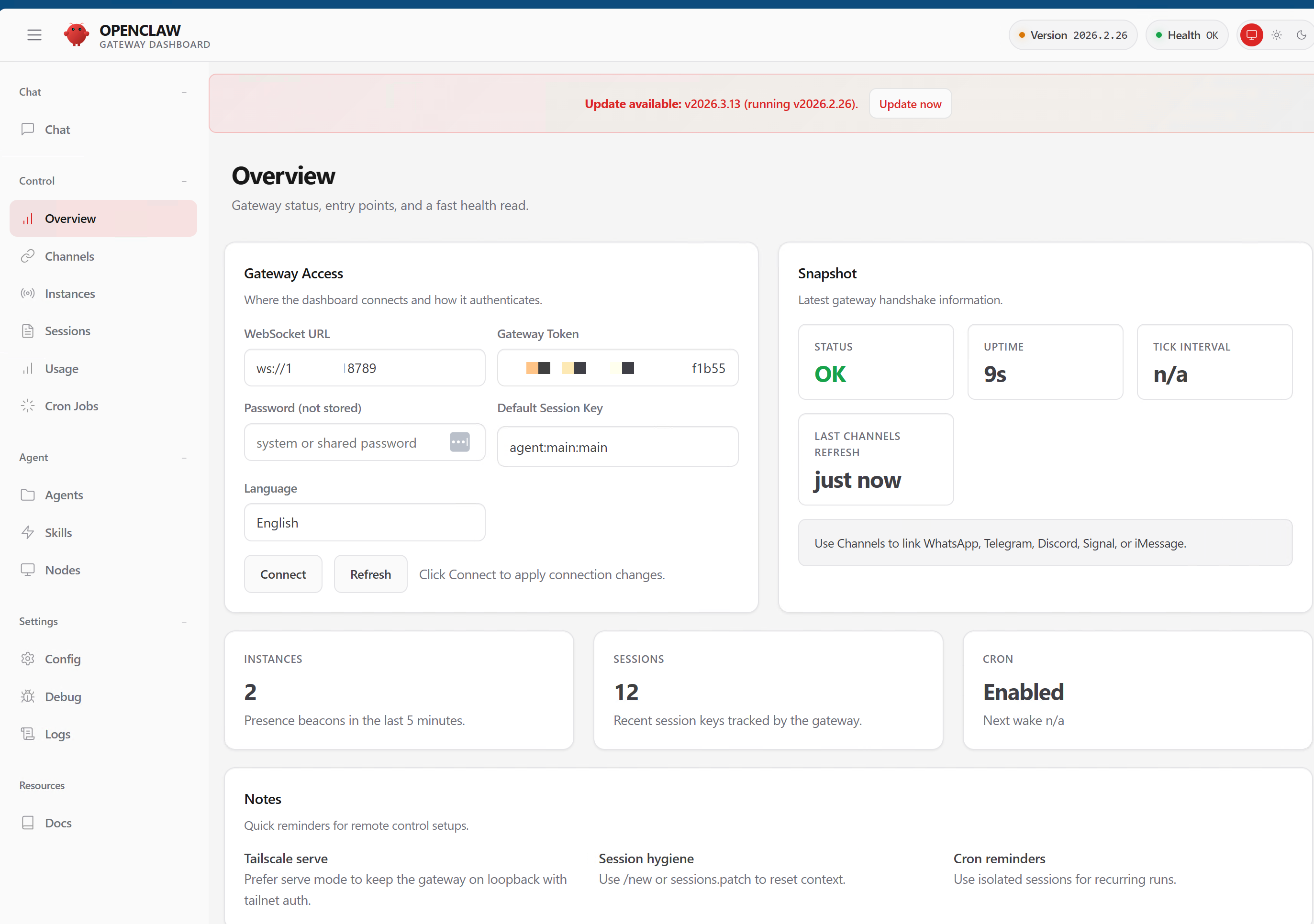 OpenClaw Gateway Dashboard — Status OK, 12 active sessions, cron jobs enabled