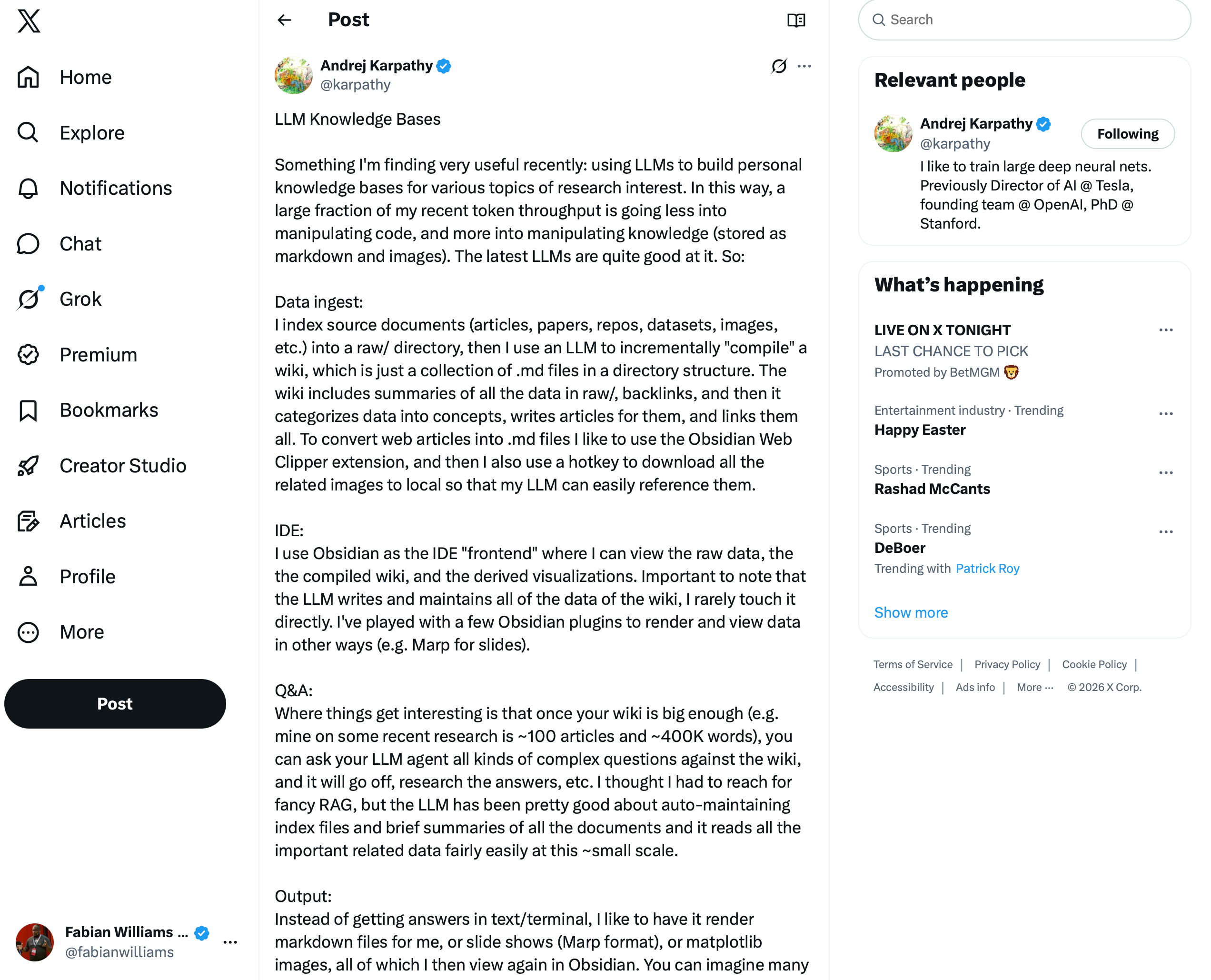 Andrej Karpathy's tweet about LLM Knowledge Bases