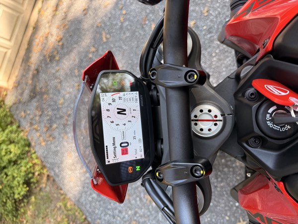 Instrument cluster of the 2026 Ducati Monster+ showing zero miles