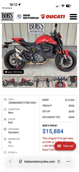 Bob's Motorcycles transparency pricing page for the 2026 Ducati Monster+, showing MSRP, freight, set-up, and document fee