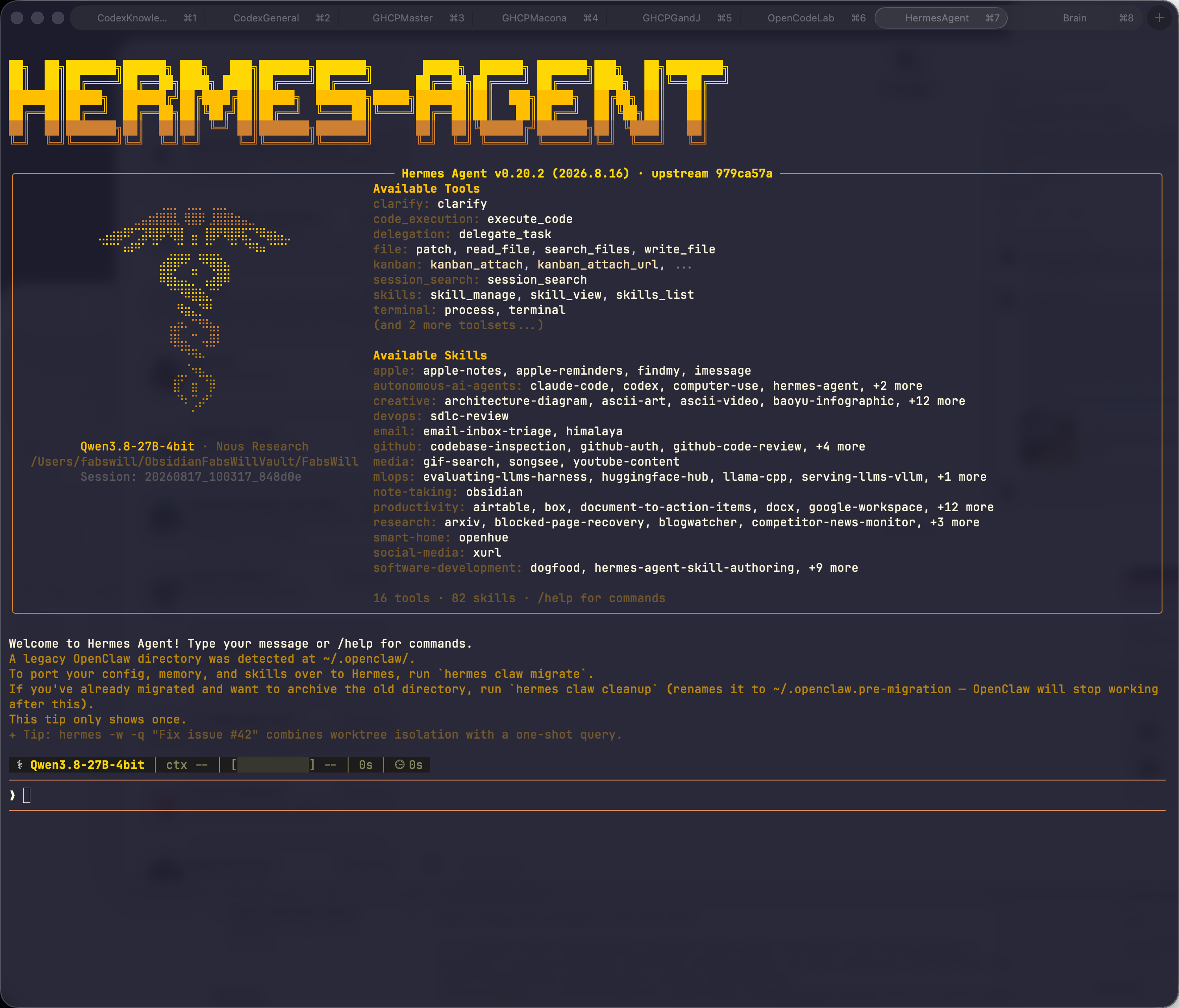 The Hermes agent splash screen running locally, its banner filling the terminal, wired to my own Qwen3.8-27B model served on Apple MLX. A new runtime, my existing engine.