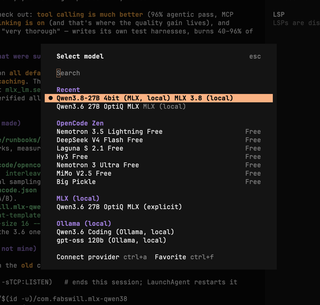 The OpenCode model picker with Qwen3.8-27B selected, sitting alongside the other local and free model providers I can route to.