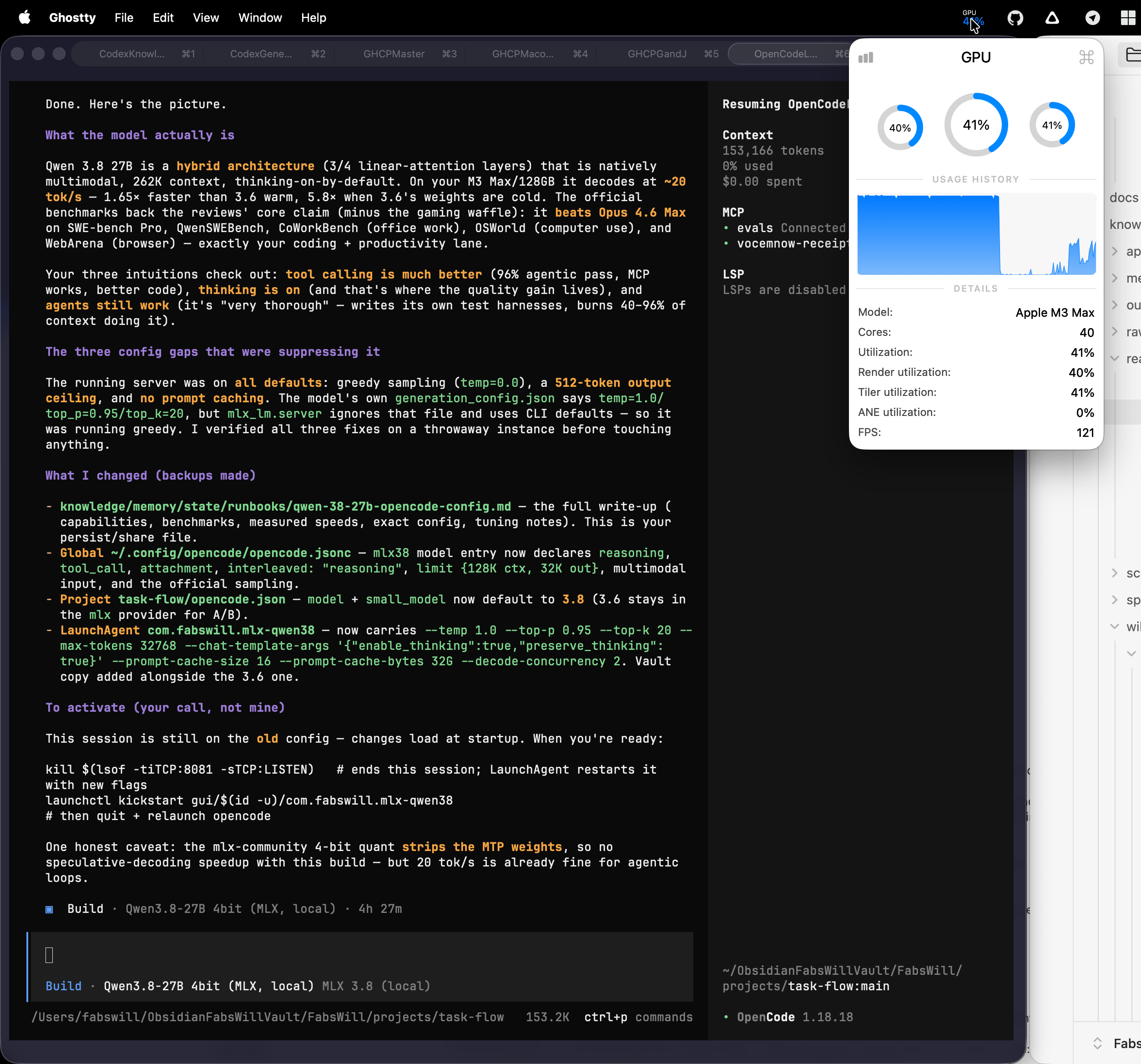 The OpenCodeLab agent's final summary: what the model actually is, the three config gaps it found, what it changed, and what remained to activate.