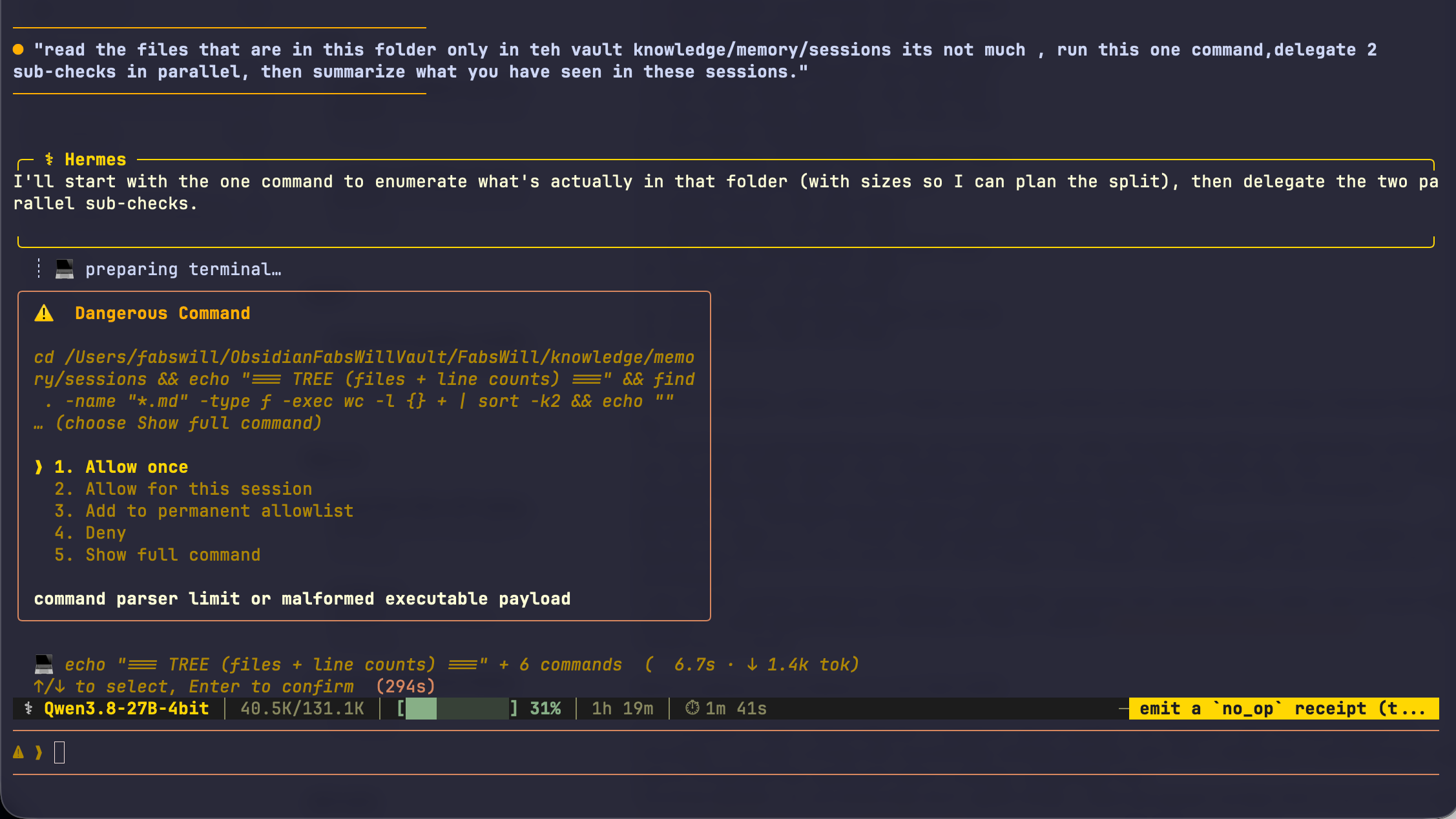 A safety prompt pausing to ask for approval before the agent runs a shell command