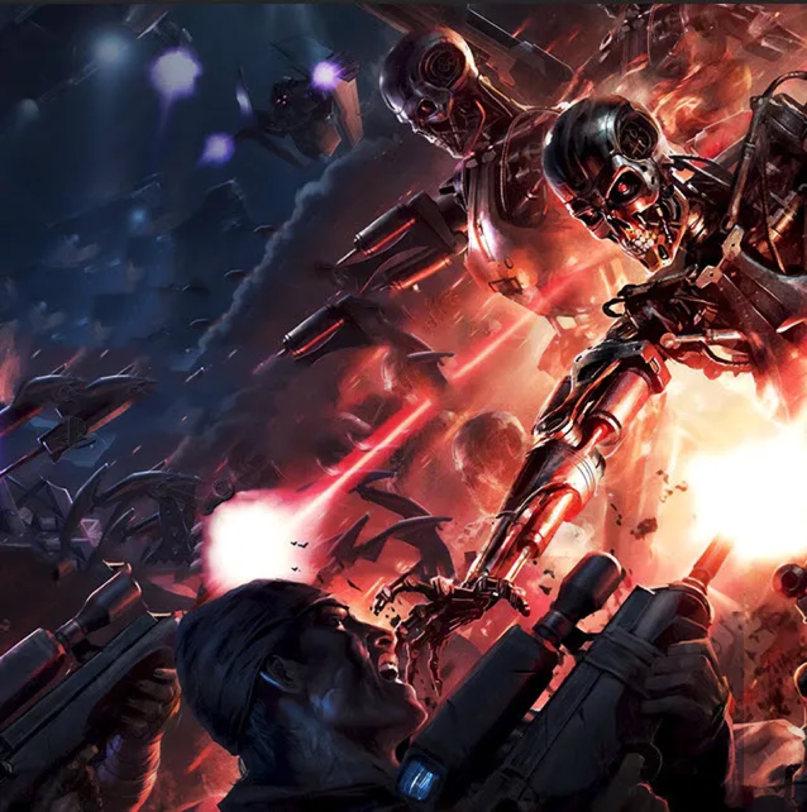 Terminator endoskeletons advancing through fire and laser fire over a human soldier